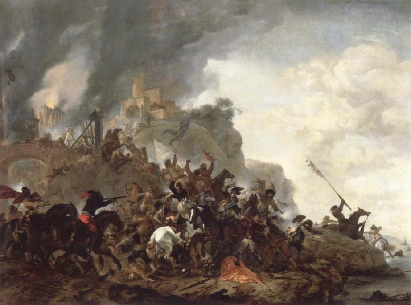 Philips Wouwerman cavalry making a sortie from a fort on a hill oil painting image
